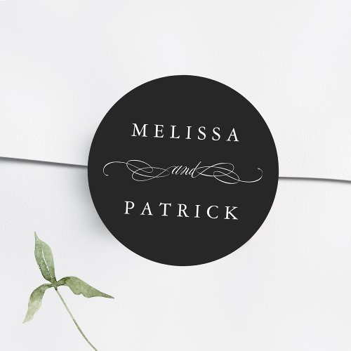 Swirly And Script Wedding Black  White Classic Round Sticker