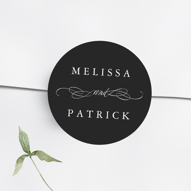 Swirly And Script Wedding Black & White Classic Round Sticker (Creator Uploaded)