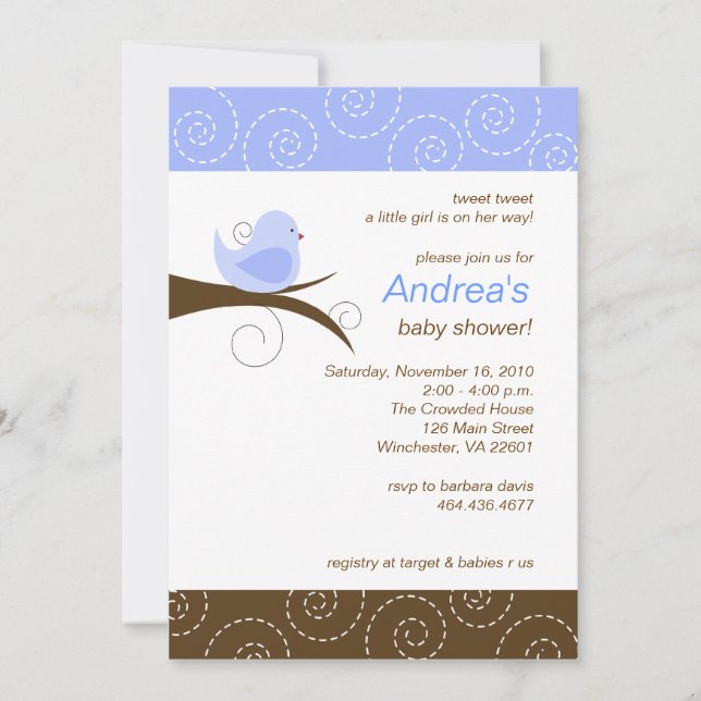 Swirly bird Blue Boy Baby Shower Invitation (Front)