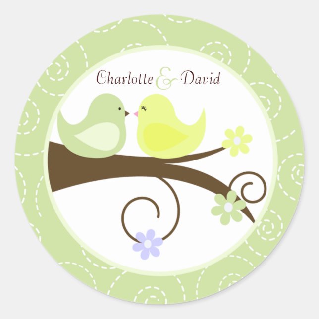 Swirly Bird (Green) Wedding Circle Favor Sticker (Front)