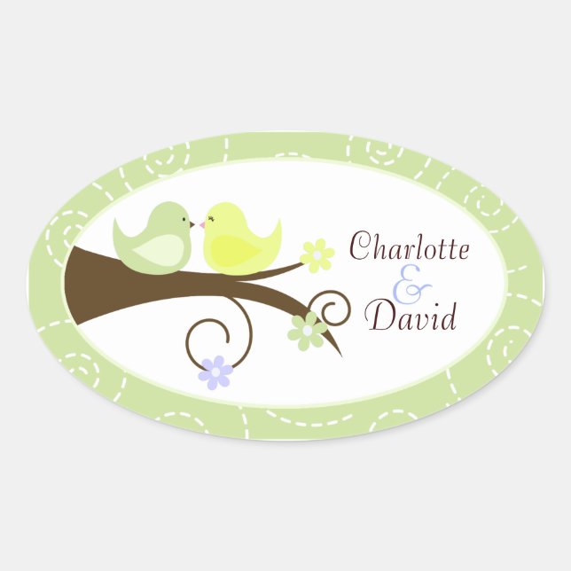 Swirly Bird (Green) Wedding Oval Favor Sticker (Front)