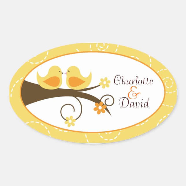 Swirly Bird (Yellow) Wedding Oval Favor Sticker (Front)
