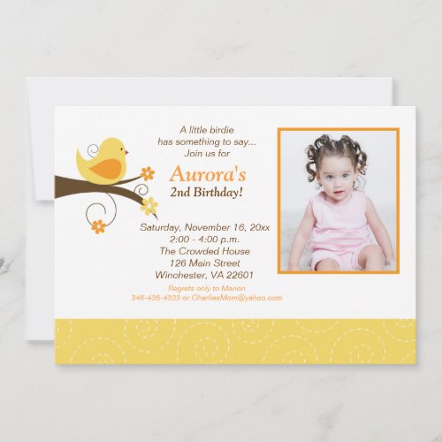 Swirly Birds Trendy Yellow Photo Birthday Invite