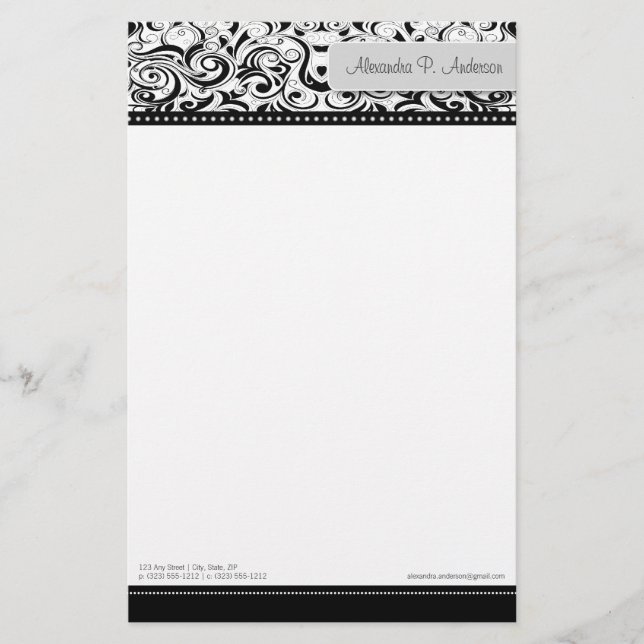 Swirly Black Boutique Designer Stationery (Front)