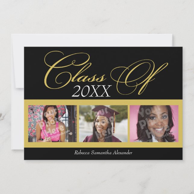 Swirly Black/Gold 3 Photo Graduation Announcement (Front)