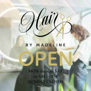 Swirly Black Hair & Scissors Hair Salon Open Hours Window Cling
