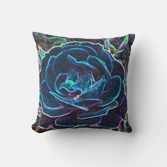 Swirly Blue Neon Rose Throw Pillow (Front)
