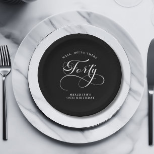 Swirly Calligraphy Black 40th Birthday Party Paper Plates