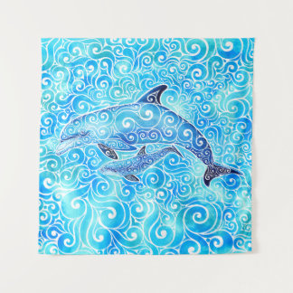 Swirly Dolphin Family  Tapestry
