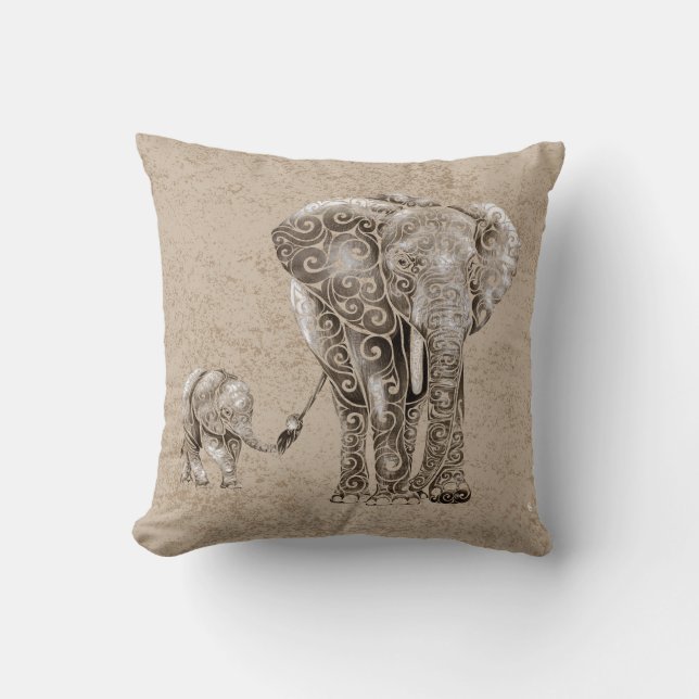 Swirly Elephant Family Throw Pillow (Front)