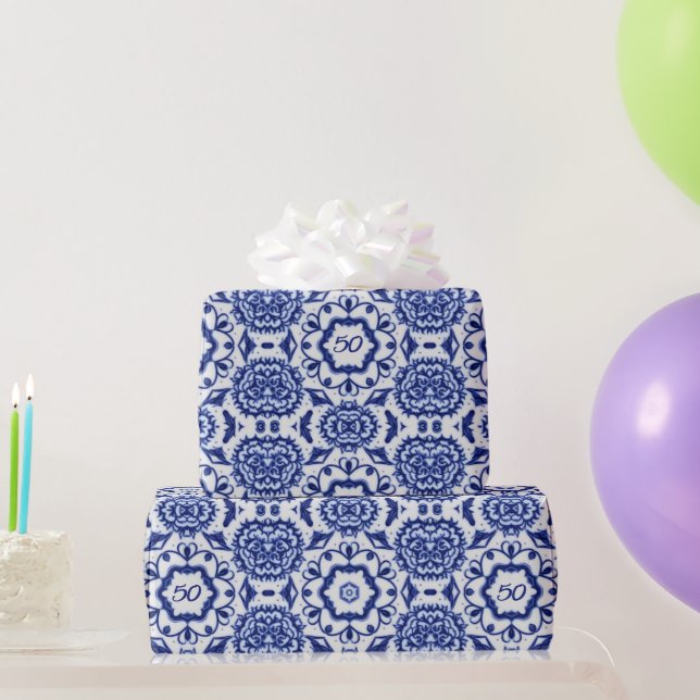 Swirly Floral Birthday Age - Elegant Blue & White Wrapping Paper (Party Gifts)