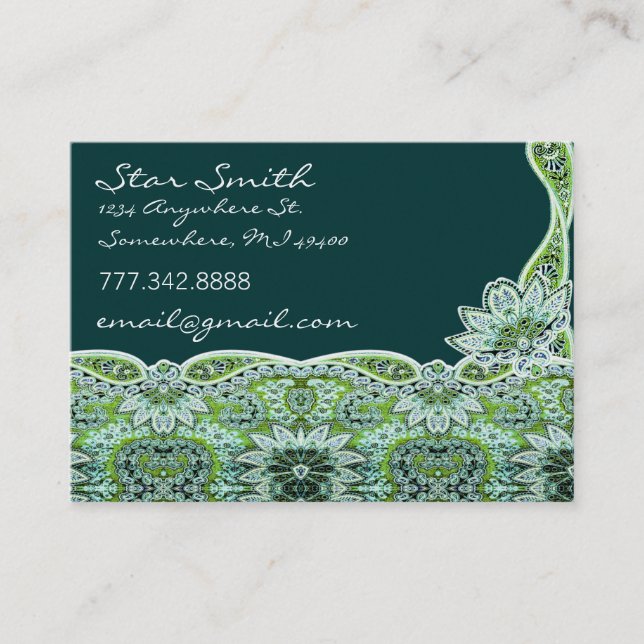 Swirly Floral Paisly SeaBlue and Lime Business Card (Front)