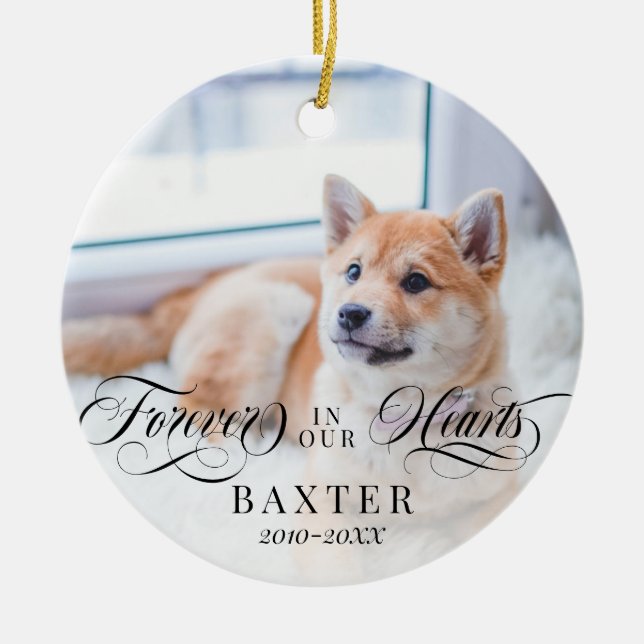 Swirly Forever In Our Hearts Pet Photo Ceramic Ornament (Front)