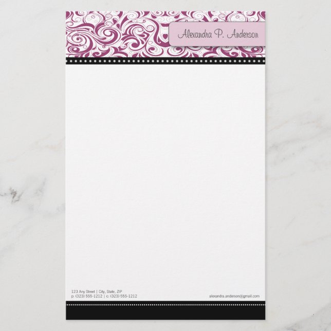 Swirly Fuschia Boutique Designer Stationery (Front)