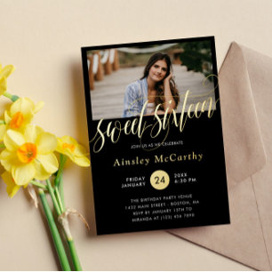 Swirly Golden Script Sweet Sixteen Photo Foil Invitation