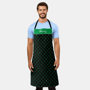 Swirly Green Shade Shamrock Polka Pattern on Black Apron