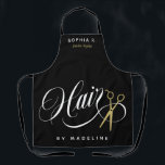 Swirly Hair & Gold Scissors Salon Employee Name Apron<br><div class="desc">Black hair stylist apron with white and gold colored details. Hair is written across the lower half of the apron in a swirly white script next to a pair of scissors. Add your employees name!</div>