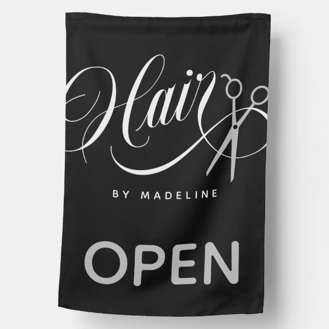 Swirly Hair & Gray Scissors Hair Salon Open House Flag (Front)