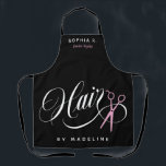 Swirly Hair & Pink Scissors Salon Employee Name Apron<br><div class="desc">Black hair stylist apron with white and light pink details. Hair is written across the lower half of the apron in a swirly white script next to a pair of scissors. Add your employees name!</div>