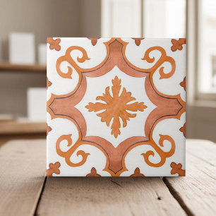 Swirly handpainted orange mediterranean style ceramic tile
