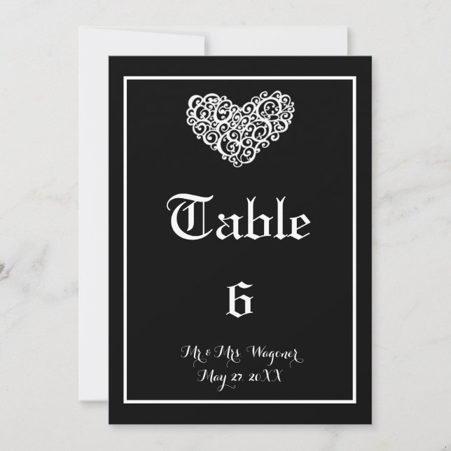 Swirly Heart Wedding - Table Number (Front)