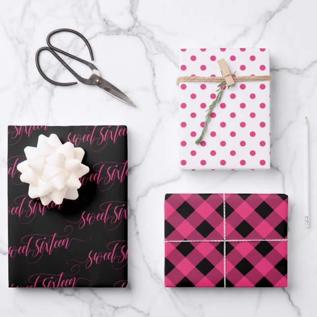 Swirly Hot Pink Sweet Sixteen Patterns Wrapping Paper Sheets (Front)