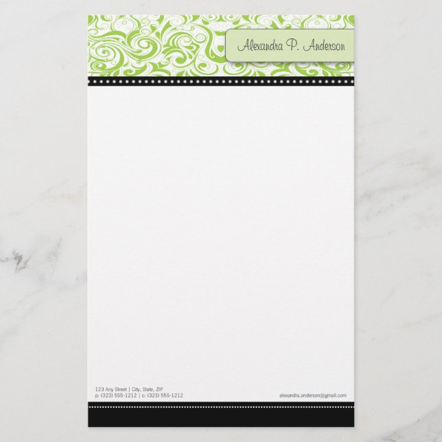 Swirly Lime Boutique Designer Stationery (Front)