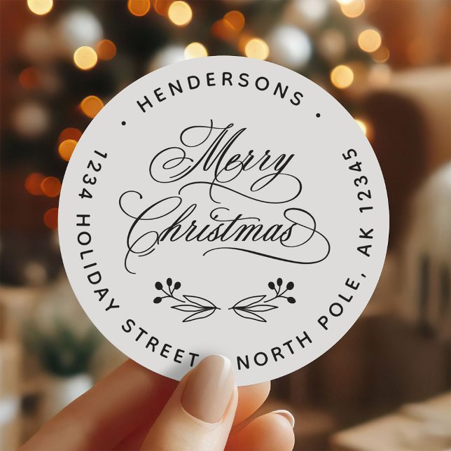 Swirly Merry Christmas Script Return Address  Classic Round Sticker (Creator Uploaded)