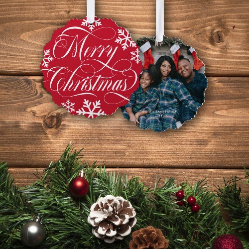 Swirly Merry Christmas Snowflakes with Photo Ornament Card