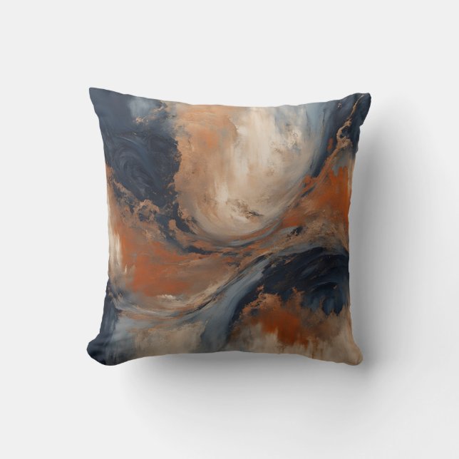Swirly Navy Blue Orange Light Blue Marble Throw Pillow (Front)