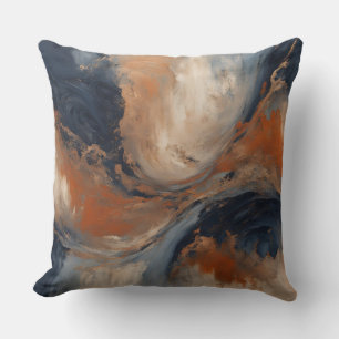 Swirly Navy Blue Orange Light Blue Marble Throw Pillow