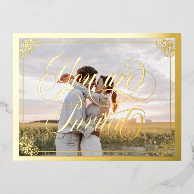 Swirly Ornate You Are Invited Photo Wedding Foil Invitation Postcard (Front)