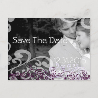 Swirly Photo Save The Date Eggplant & Berry Announcement Postcard