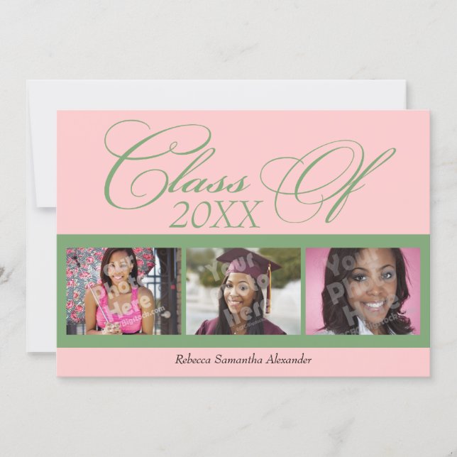 Swirly Pink/Green 3 Photo Graduation Announcement (Front)