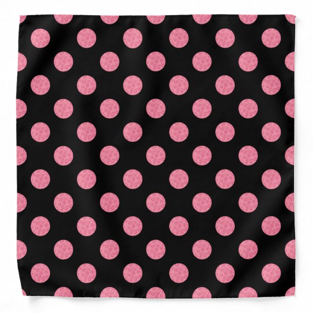 Swirly pink polka dots on black background bandana (Front)