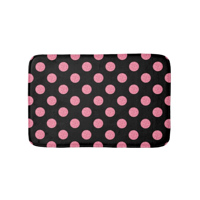Swirly pink polka dots on black background bathroom mat (Front)