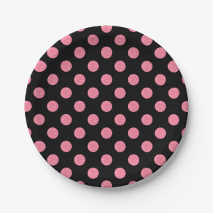 Swirly pink polka dots on black background paper plates