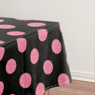Swirly pink polka dots on black background tablecloth