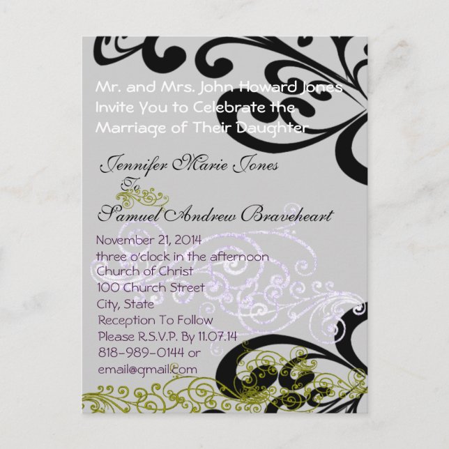 Swirly Purple & Green Save The Date Announcement Postcard (Front)