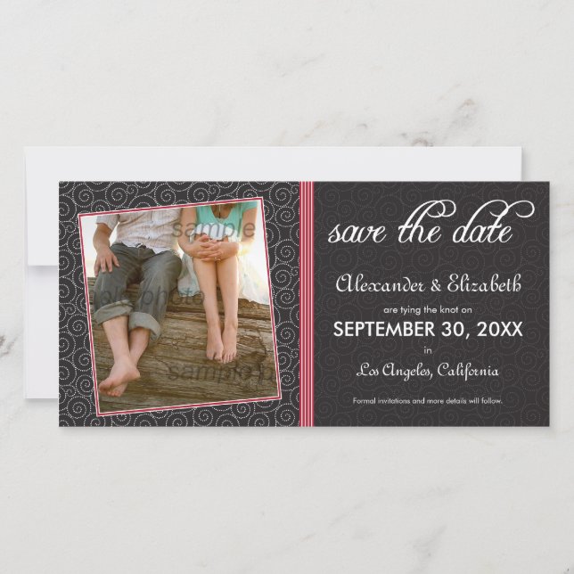 Swirly-Q Black and Red Save the Date Announcement (Front)