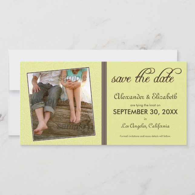 Swirly-Q Citrus/Brown Save the Date Announcement (Front)