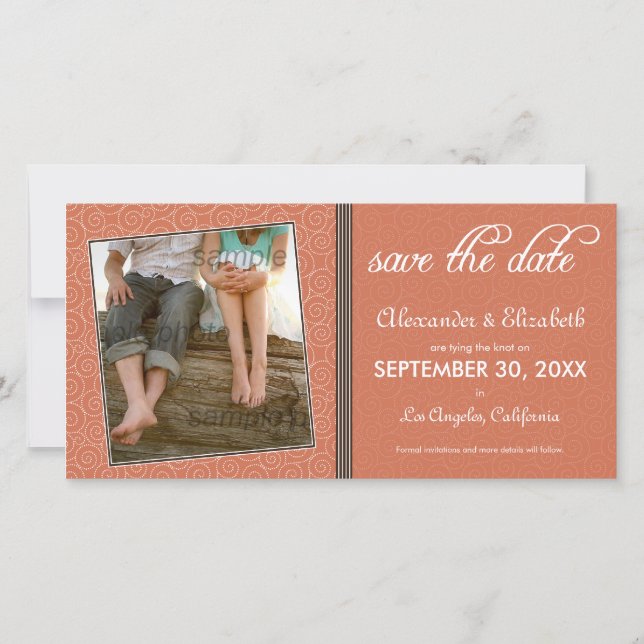 Swirly-Q Coral/Brown Save the Date Announcement (Front)