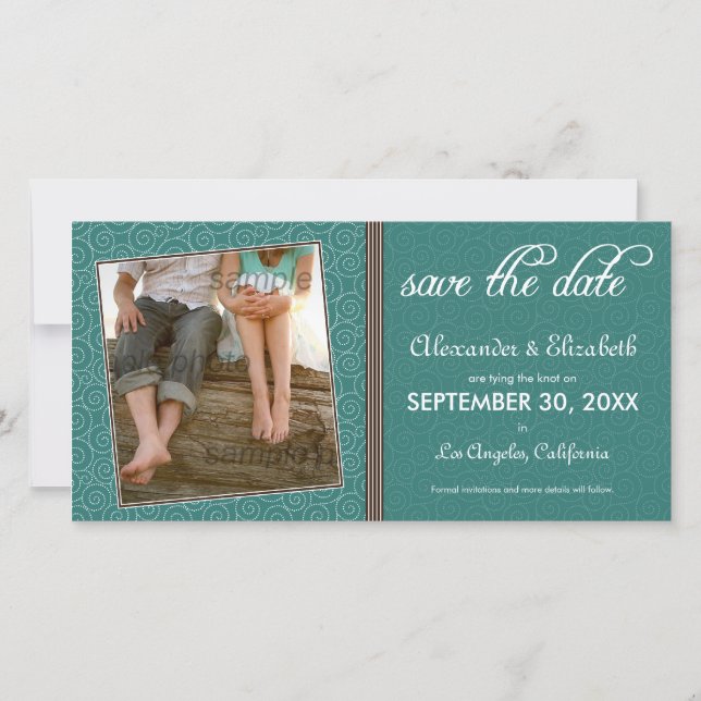 Swirly-Q Green/Brown Save the Date Announcement (Front)