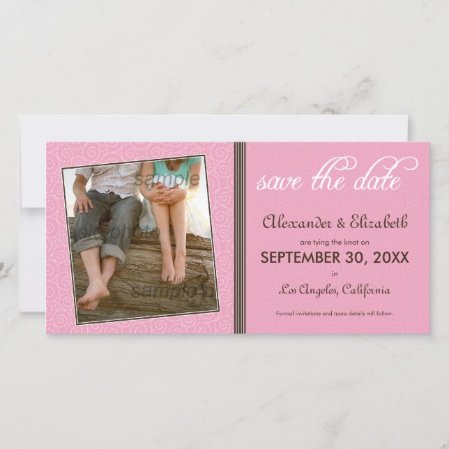 Swirly-Q Pink/Brown Save the Date Announcement (Front)