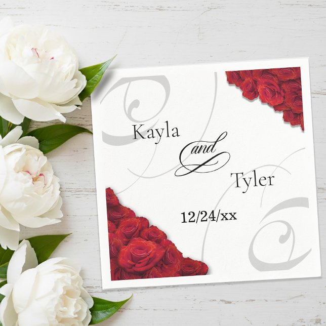 Swirly Red Roses Wedding Napkin (Swirly Red Roses Paper Wedding Napkin)
