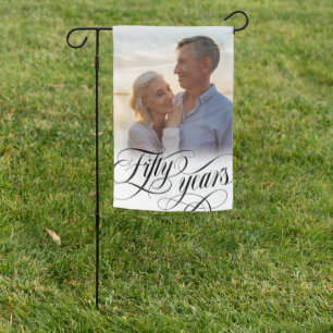Swirly Script 50th Wedding Anniversary Photo Garden Flag