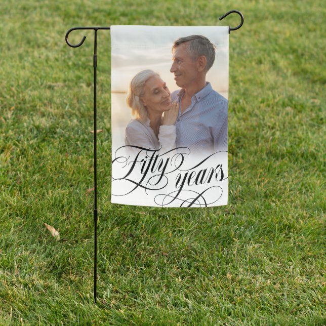 Swirly Script 50th Wedding Anniversary Photo Garden Flag (In SItu)