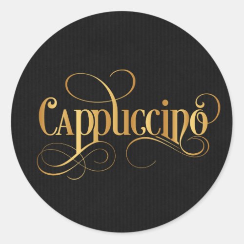 Swirly Script Calligraphy Cappuccino Gold on Black Classic Round Sticker