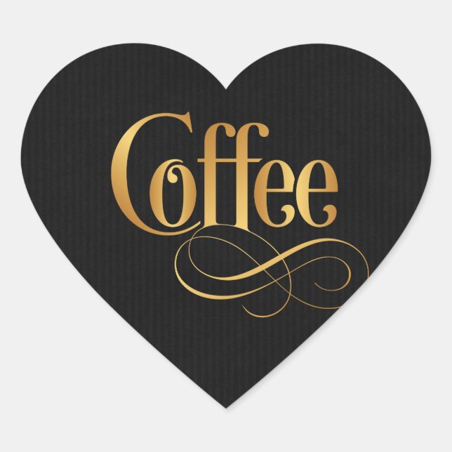 Swirly Script Calligraphy Coffee Gold on Black Heart Sticker (Front)