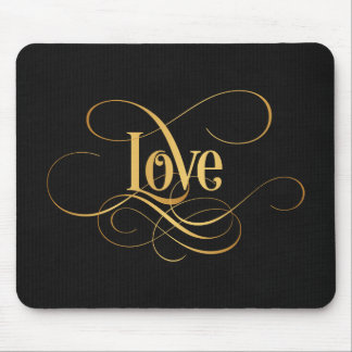 Swirly Script Calligraphy Love Gold on Black Mouse Pad